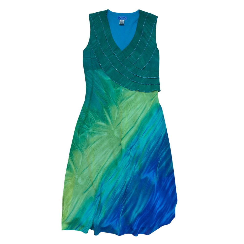 Vtg Tropical Watercolor Beaded V-Neck Midi Dress Green Blue Beach boho artsy
